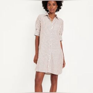 Old Navy Beige and White Stripped Linen Shirt Dress